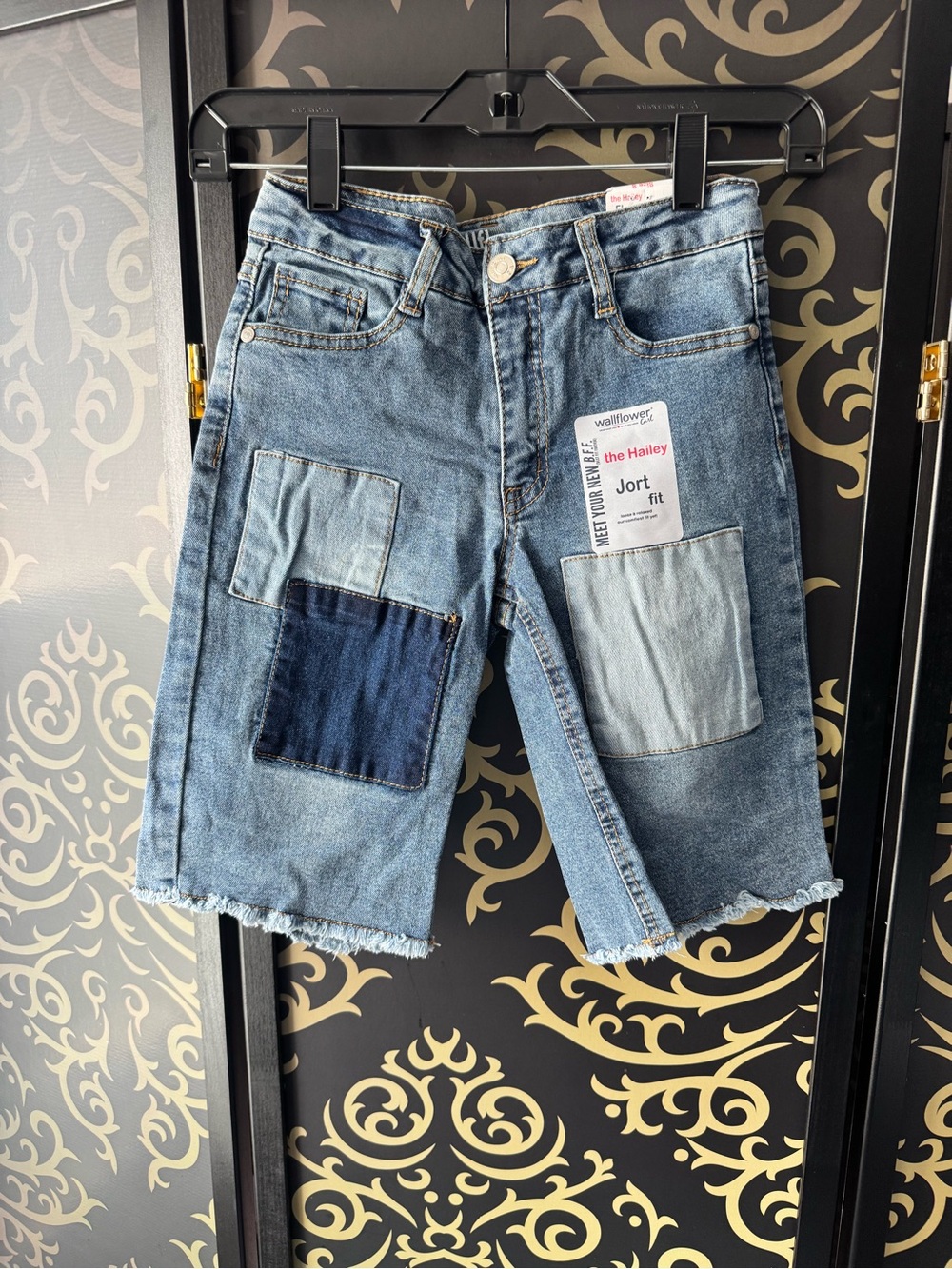 Wallflower Patchwork Light and Dark Blue Denim Jorts - Picture 2 of 4